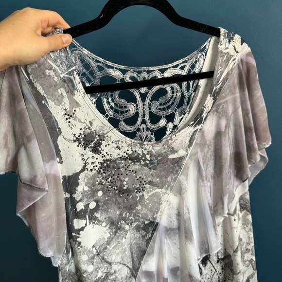 Y2K Ruffle Tunic Women's Size Medium Style & Co. Gray White Lace Boho Indie - Picture 8 of 8